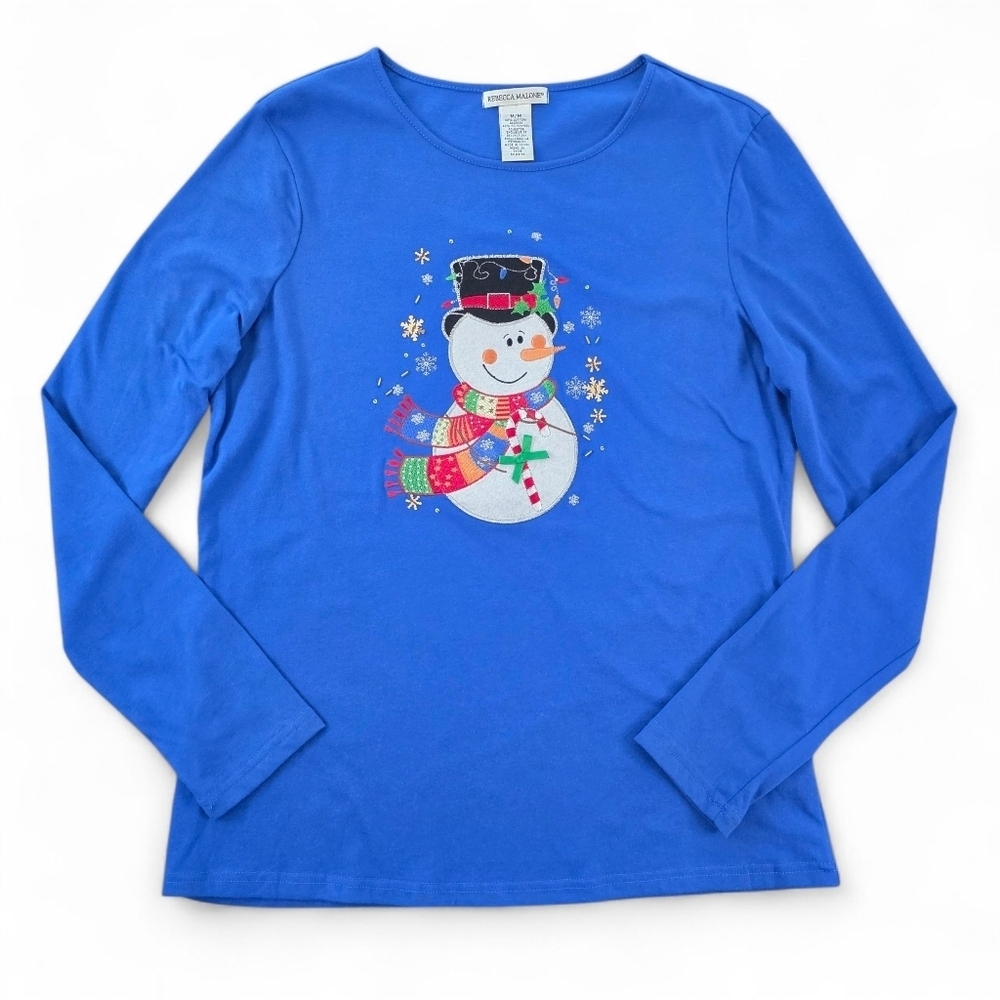 Rebecca Malone Blue Snowman Long Sleeve Holiday Top Women’s Medium Beaded